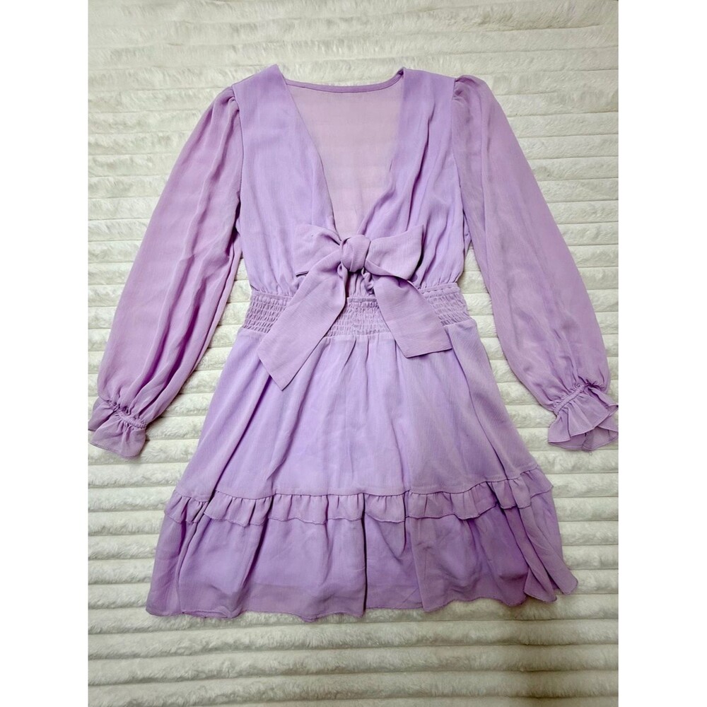 Smocked Lilac Tie-Front Long Sleeve Sheer Front Tie Bow Mini Dress